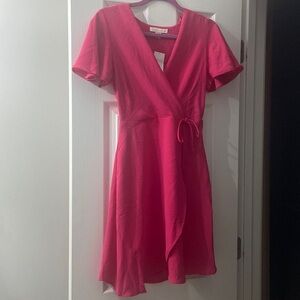 hot pink, cape sleeve dress with front tie detailing by monteau los angeles